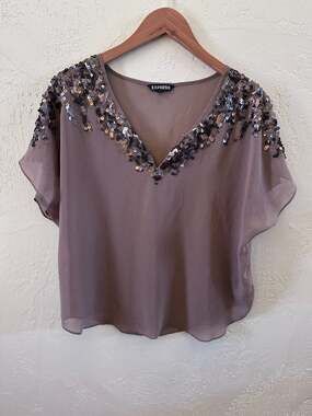 Express Sequin Embellished V-Neck Chiffon Blouse Size S